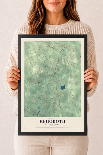 Rehoboth, Massachusetts map print - 12 x 18 black Ayous wood frame