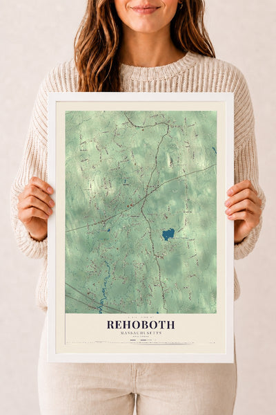 Rehoboth, Massachusetts map print - 12 x 18 white Ayous wood frame