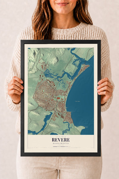 Revere, Massachusetts map print - 12 x 18 black Ayous wood frame