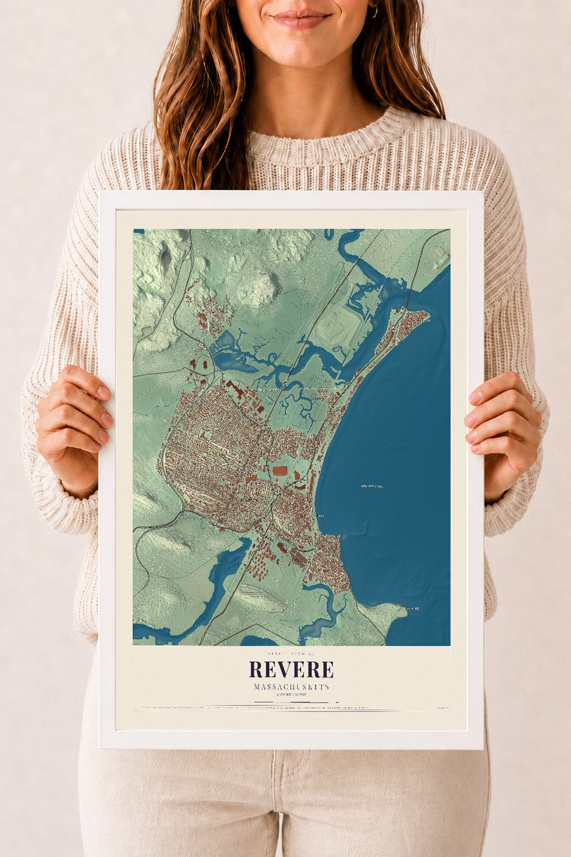 Revere, Massachusetts map print - 12 x 18 white Ayous wood frame