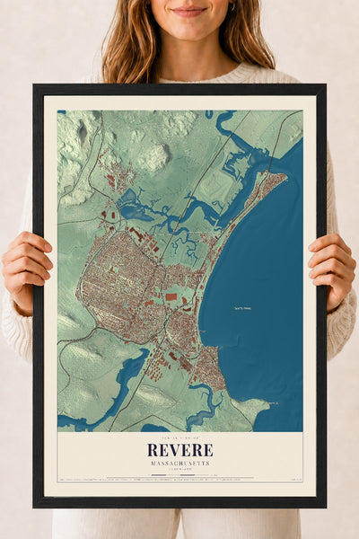 Revere, Massachusetts map print - 18 x 24 black Ayous wood frame