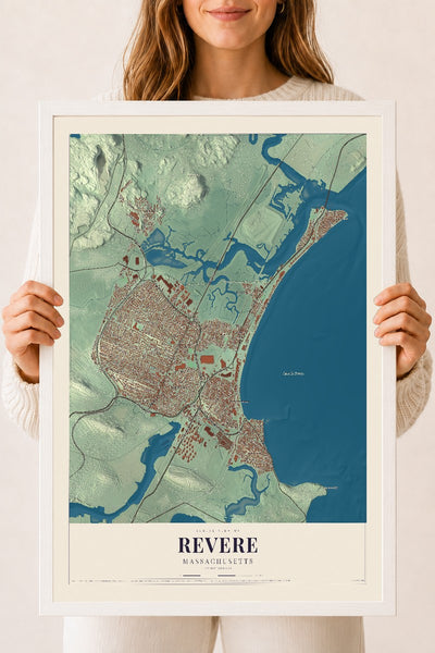 Revere, Massachusetts map print - 18 x 24 white Ayous wood frame