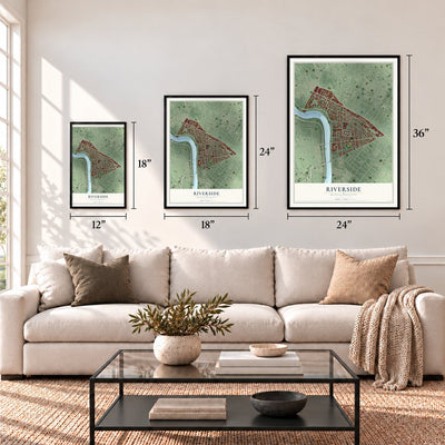 Riverside, Massachusetts map in 12 x 18, 18 x 24 and 24 x 36 inch sizes above a sofa