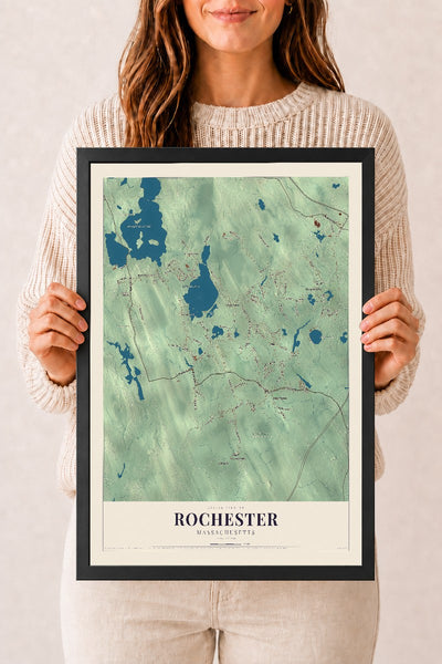 Rochester, Massachusetts map print - 12 x 18 black Ayous wood frame