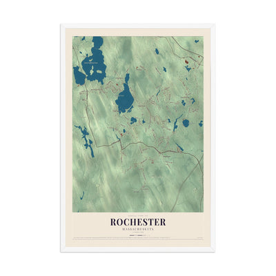 Map of Rochester, Massachusetts, 12 x 18 inch print in a white wood frame
