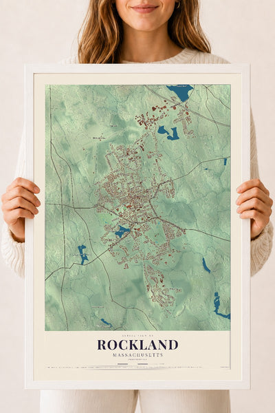 Rockland, Massachusetts map print - 18 x 24 white Ayous wood frame