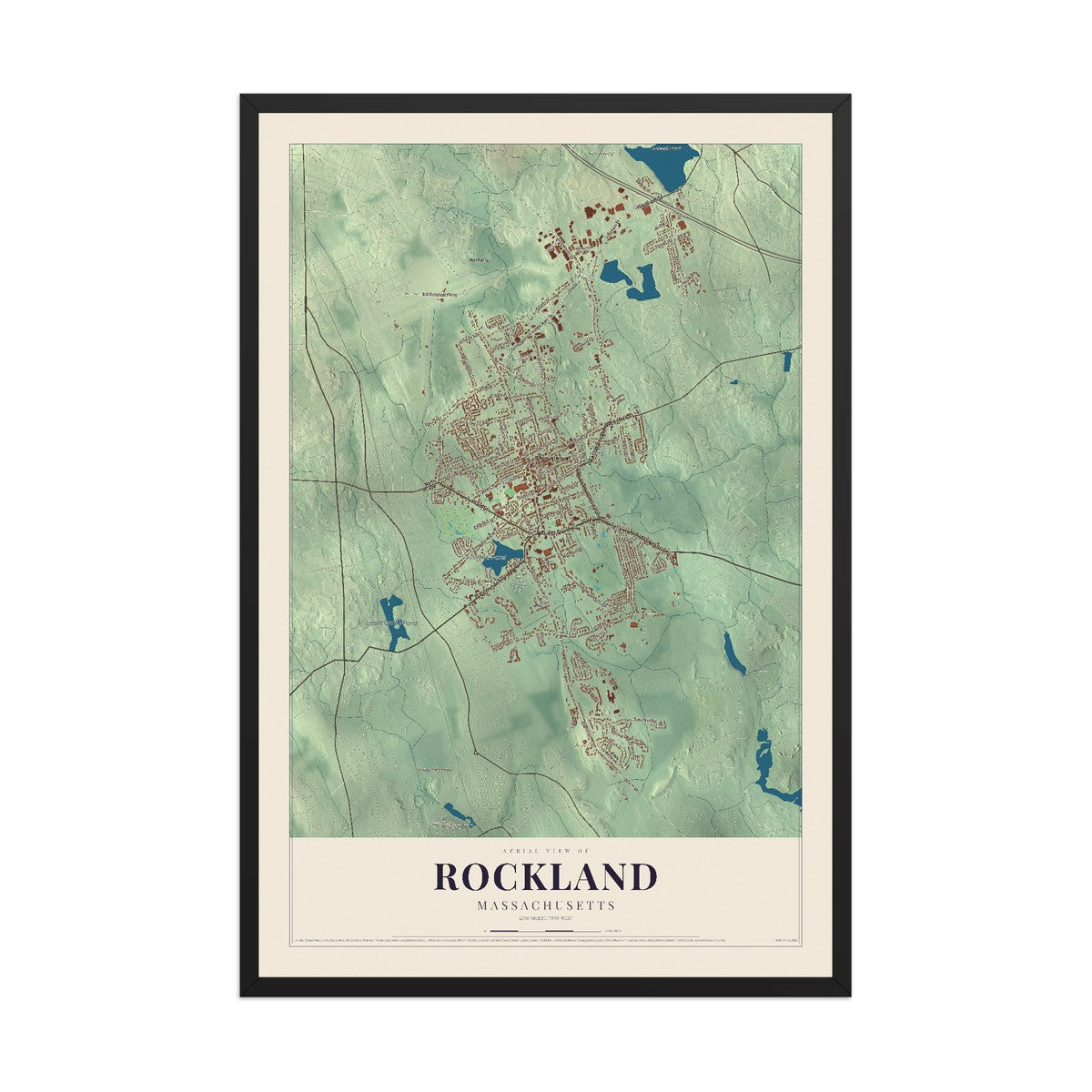 Map of Rockland, Massachusetts, 12 x 18 inch print in a black wood frame
