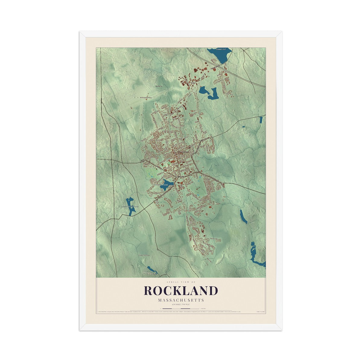 Map of Rockland, Massachusetts, 12 x 18 inch print in a white wood frame