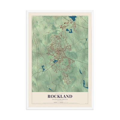 Map of Rockland, Massachusetts, 12 x 18 inch print in a white wood frame