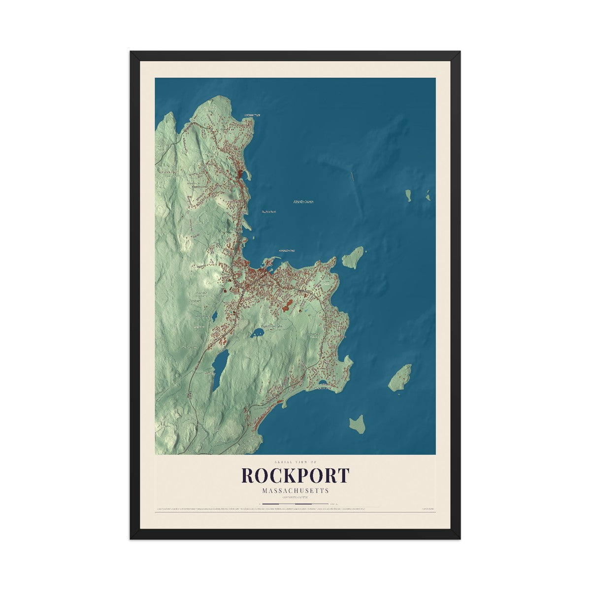 Map of Rockport, Massachusetts, 12 x 18 inch print in a black wood frame