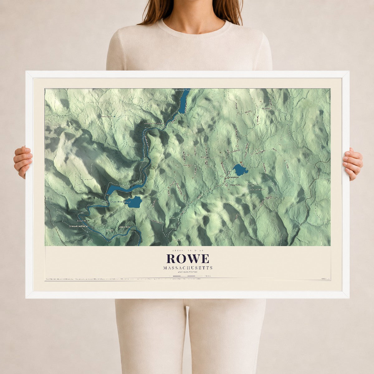 Rowe, Massachusetts map print - 24 x 36 white Ayous wood frame