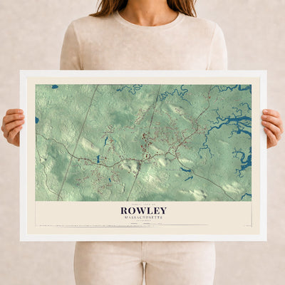Rowley, Massachusetts map print - 12 x 18 white Ayous wood frame