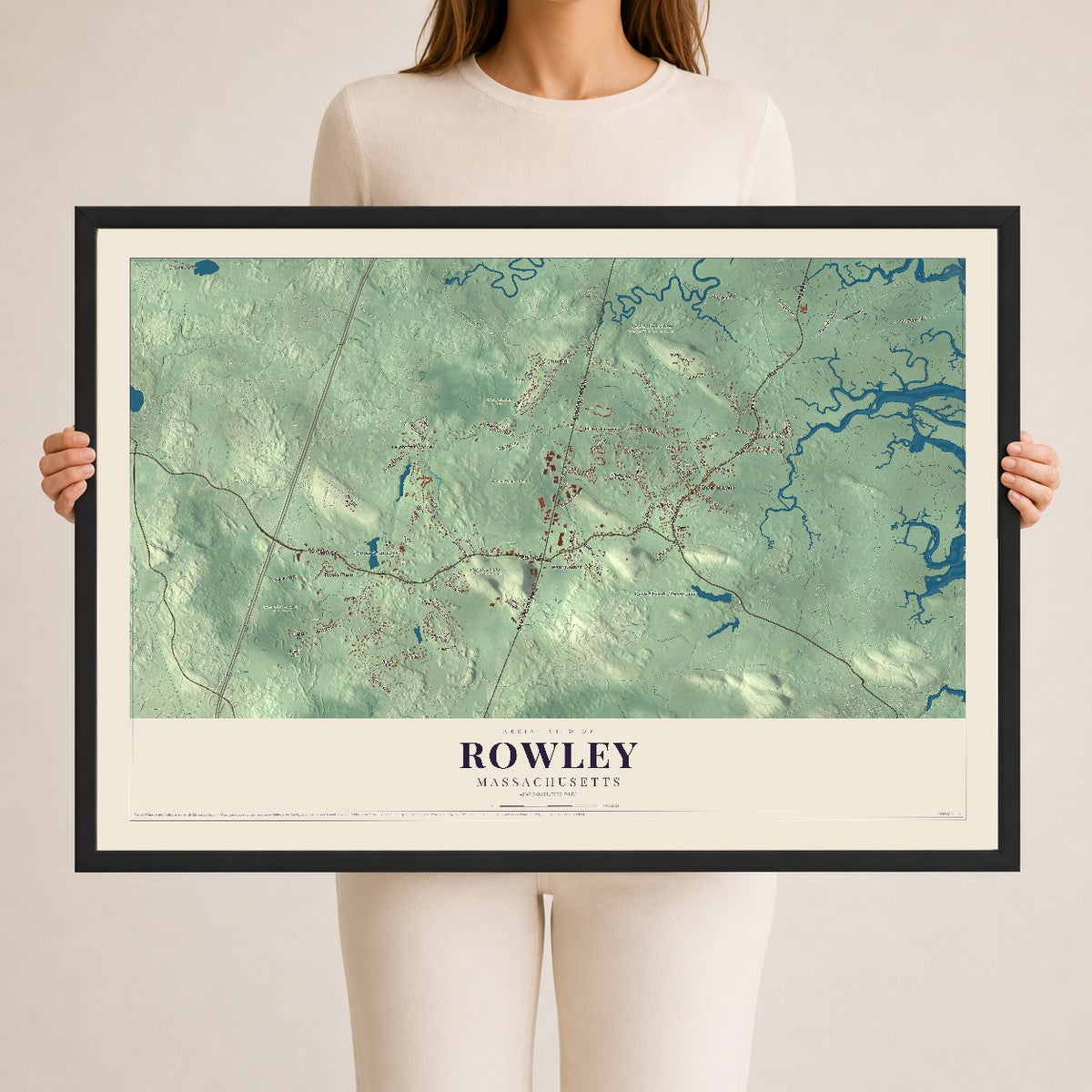 Rowley, Massachusetts map print - 24 x 36 black Ayous wood frame