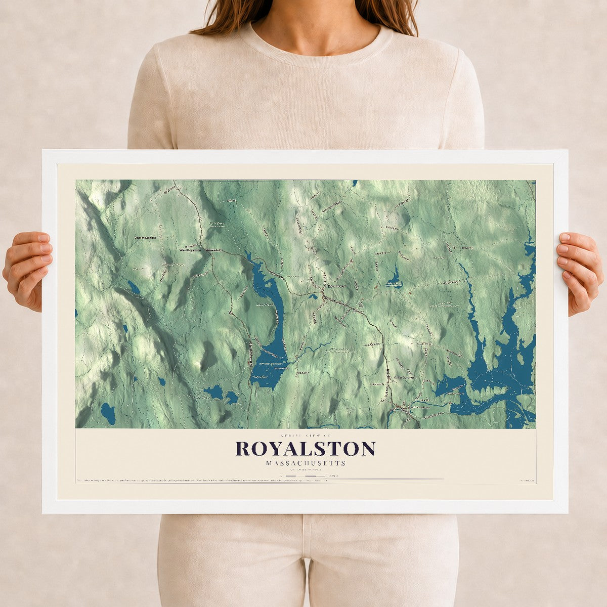 Royalston, Massachusetts map print - 12 x 18 white Ayous wood frame