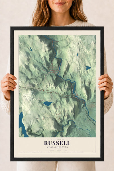 Russell, Massachusetts map print - 18 x 24 black Ayous wood frame
