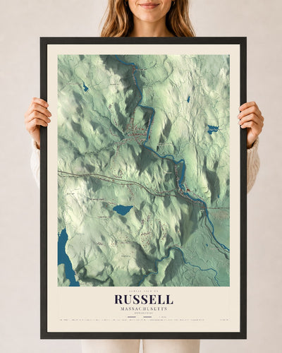 Russell, Massachusetts map print - 24 x 36 black Ayous wood frame