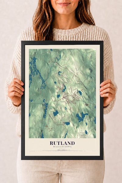 Rutland, Massachusetts map print - 12 x 18 black Ayous wood frame