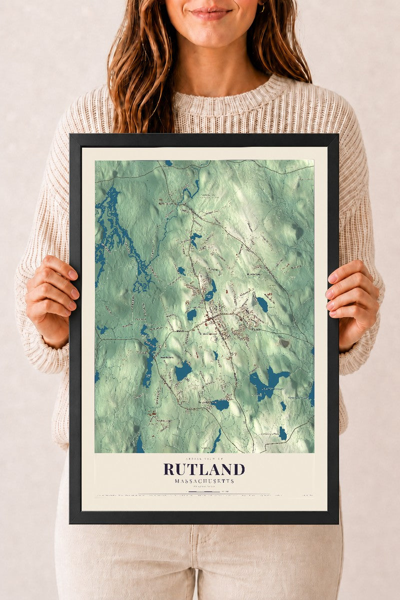 Rutland, Massachusetts map print - 12 x 18 black Ayous wood frame