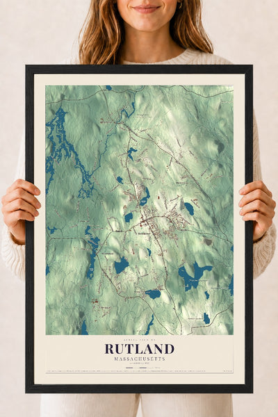 Rutland, Massachusetts map print - 18 x 24 black Ayous wood frame