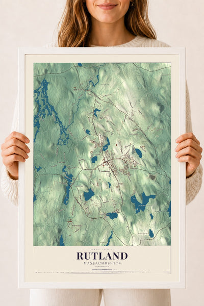Rutland, Massachusetts map print - 18 x 24 white Ayous wood frame