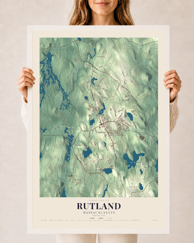 Rutland, Massachusetts map print - 24 x 36 white Ayous wood frame