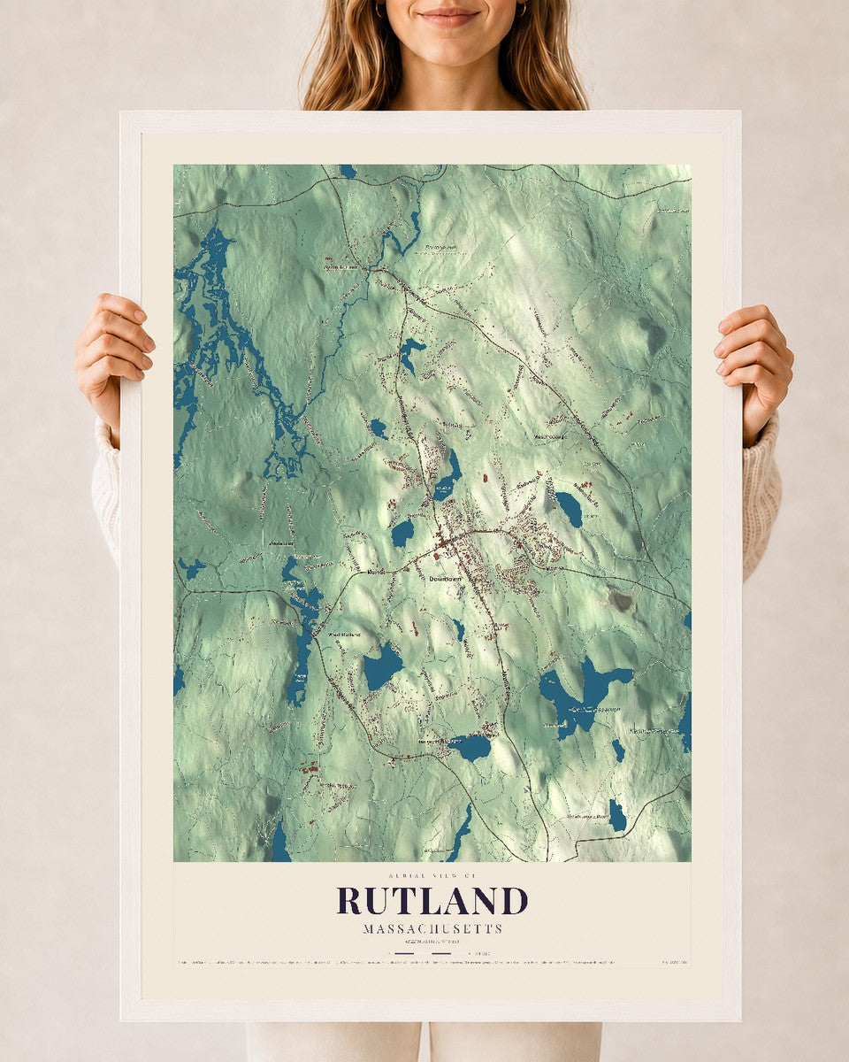Rutland, Massachusetts map print - 24 x 36 white Ayous wood frame