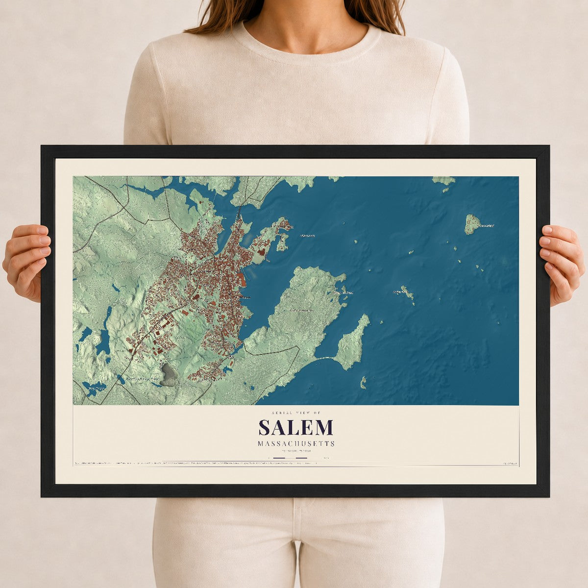 Salem, Massachusetts map print - 12 x 18 black Ayous wood frame