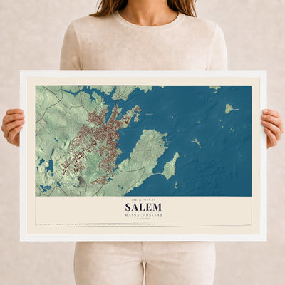 Salem, Massachusetts map print - 12 x 18 white Ayous wood frame
