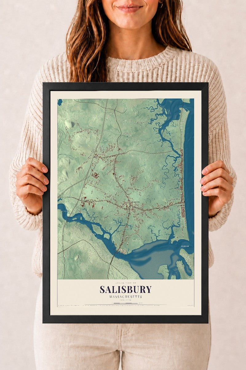 Salisbury, Massachusetts map print - 12 x 18 black Ayous wood frame