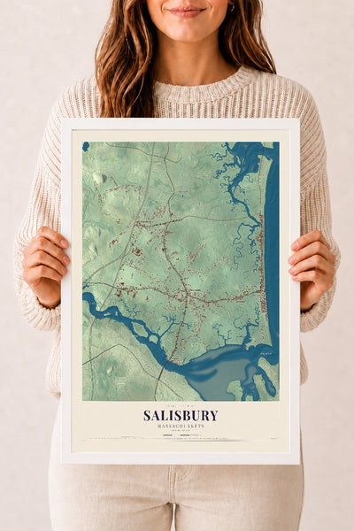 Salisbury, Massachusetts map print - 12 x 18 white Ayous wood frame