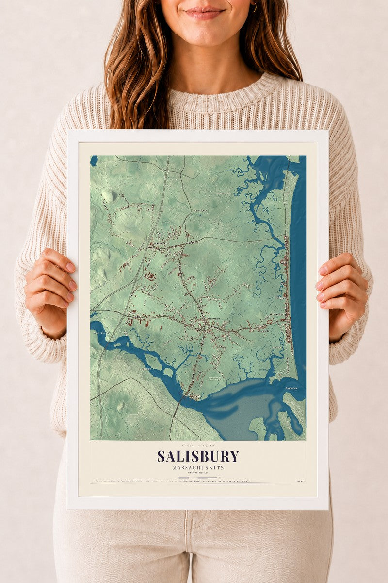 Salisbury, Massachusetts map print - 12 x 18 white Ayous wood frame