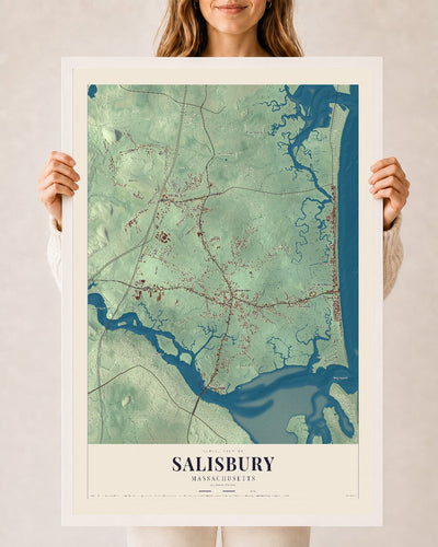 Salisbury, Massachusetts map print - 24 x 36 white Ayous wood frame