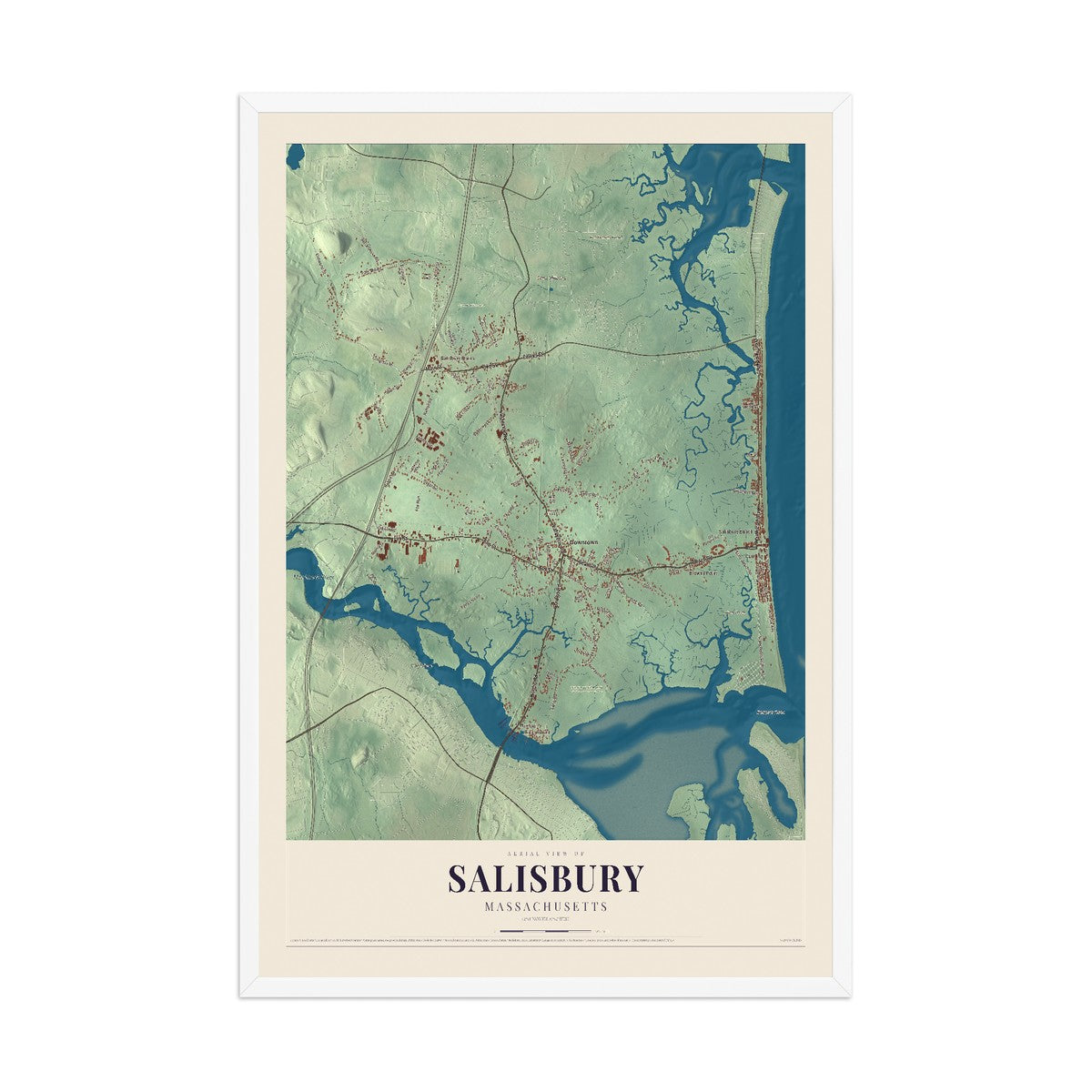 Map of Salisbury, Massachusetts, 12 x 18 inch print in a white wood frame