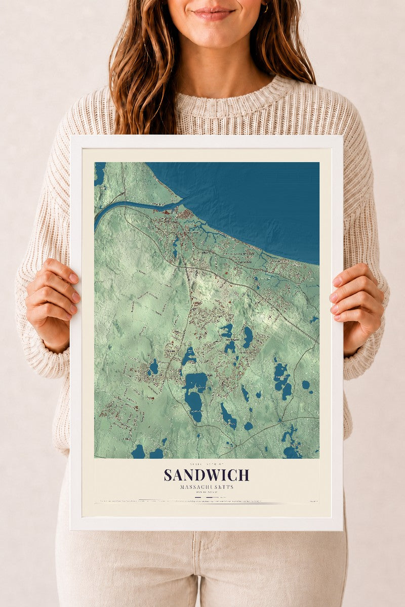 Sandwich, Massachusetts map print - 12 x 18 white Ayous wood frame