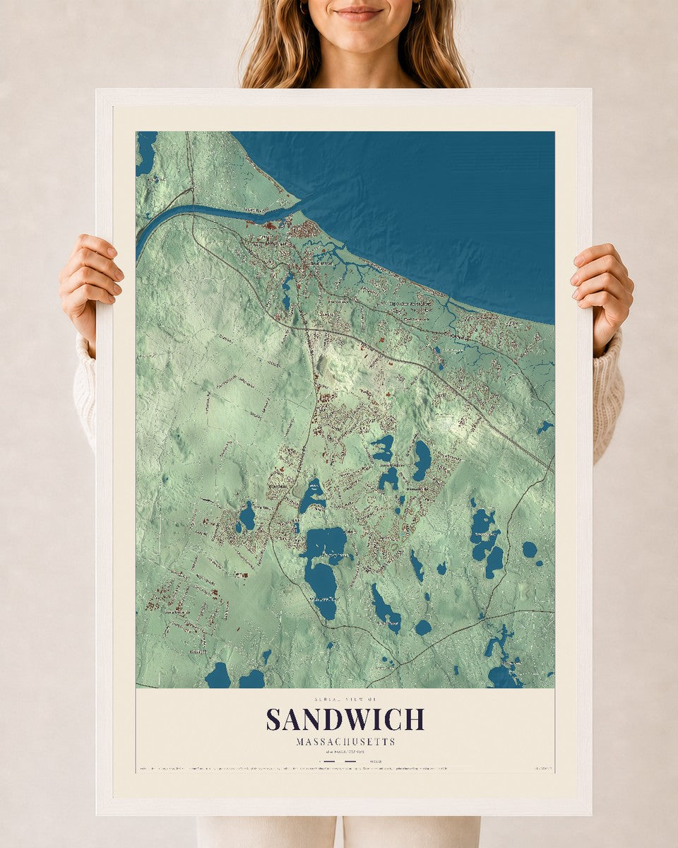 Sandwich, Massachusetts map print - 24 x 36 white Ayous wood frame