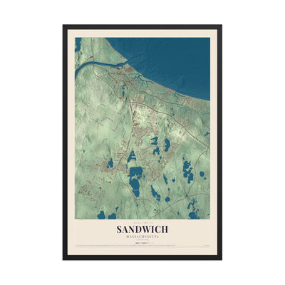 Map of Sandwich, Massachusetts, 12 x 18 inch print in a black wood frame