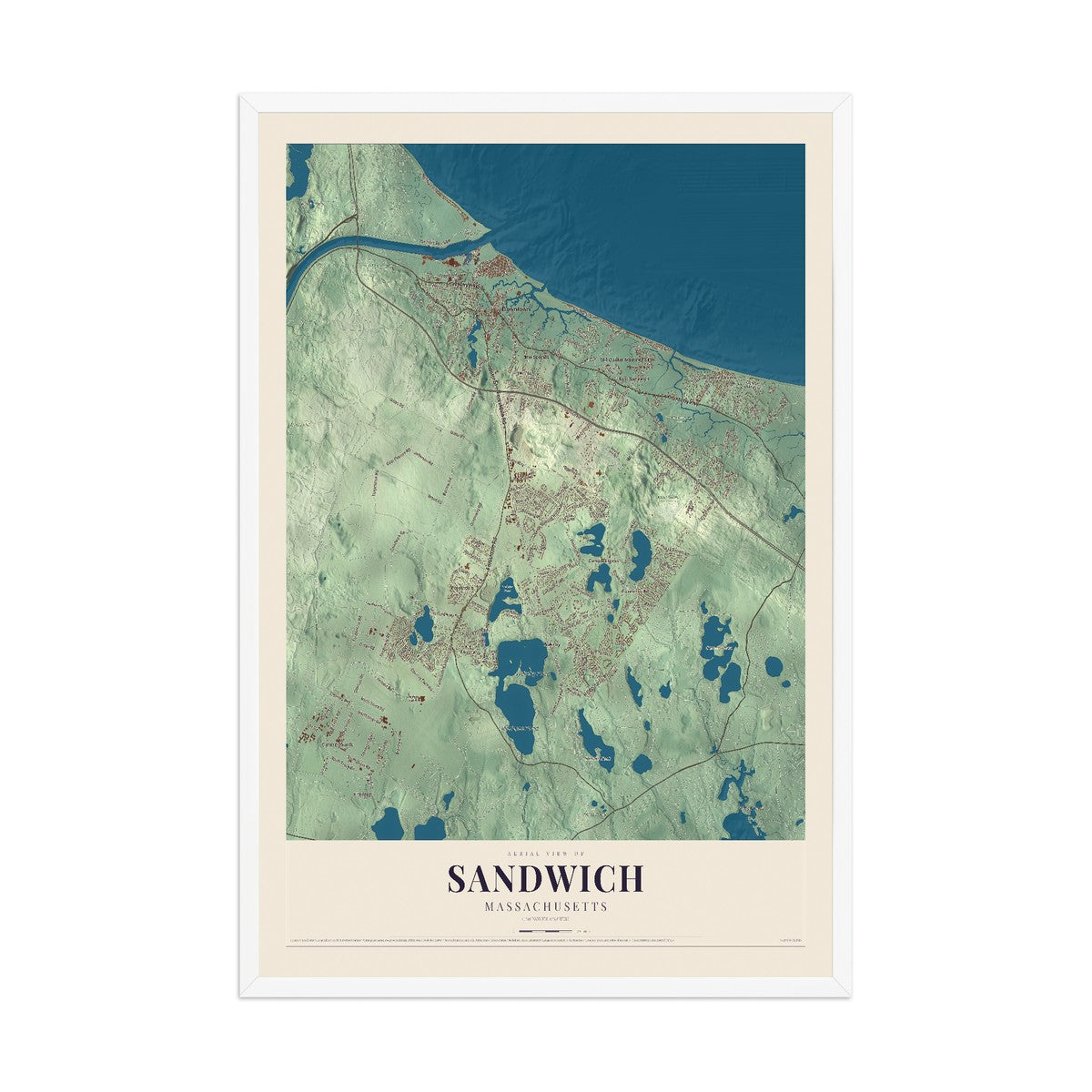 Map of Sandwich, Massachusetts, 12 x 18 inch print in a white wood frame
