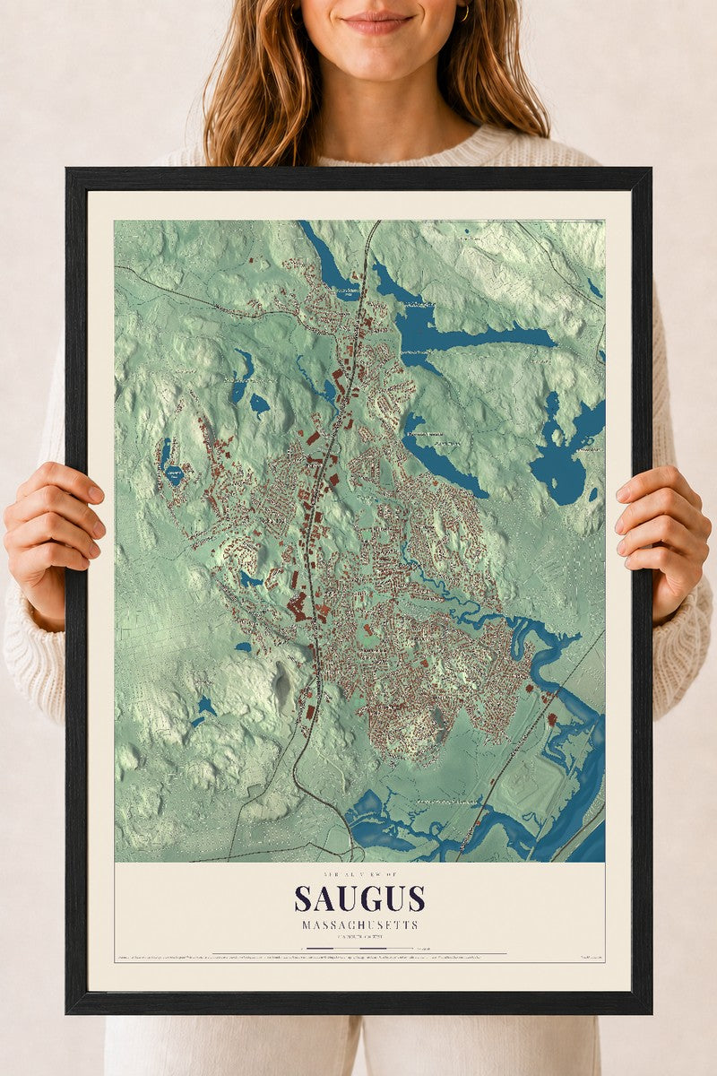 Saugus, Massachusetts map print - 18 x 24 black Ayous wood frame