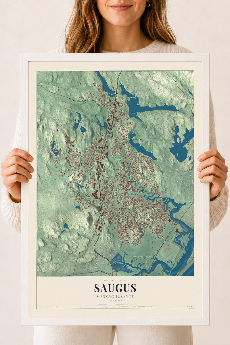 Saugus, Massachusetts map print - 18 x 24 white Ayous wood frame