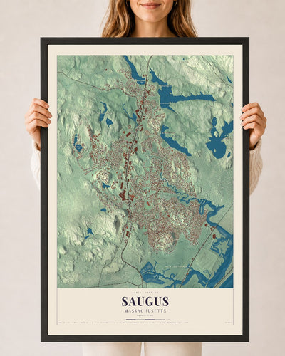 Saugus, Massachusetts map print - 24 x 36 black Ayous wood frame