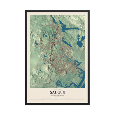 Map of Saugus, Massachusetts, 12 x 18 inch print in a black wood frame
