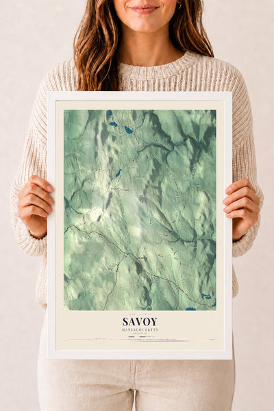 Savoy, Massachusetts map print - 12 x 18 white Ayous wood frame