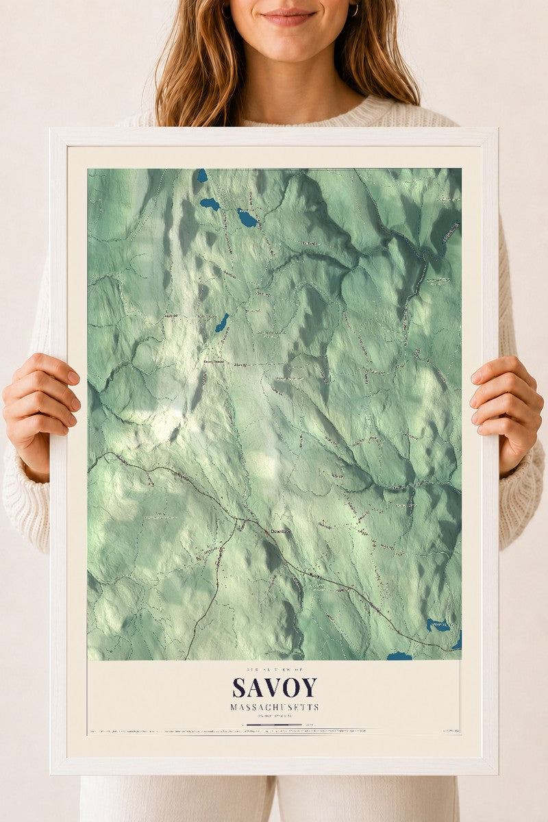 Savoy, Massachusetts map print - 18 x 24 white Ayous wood frame