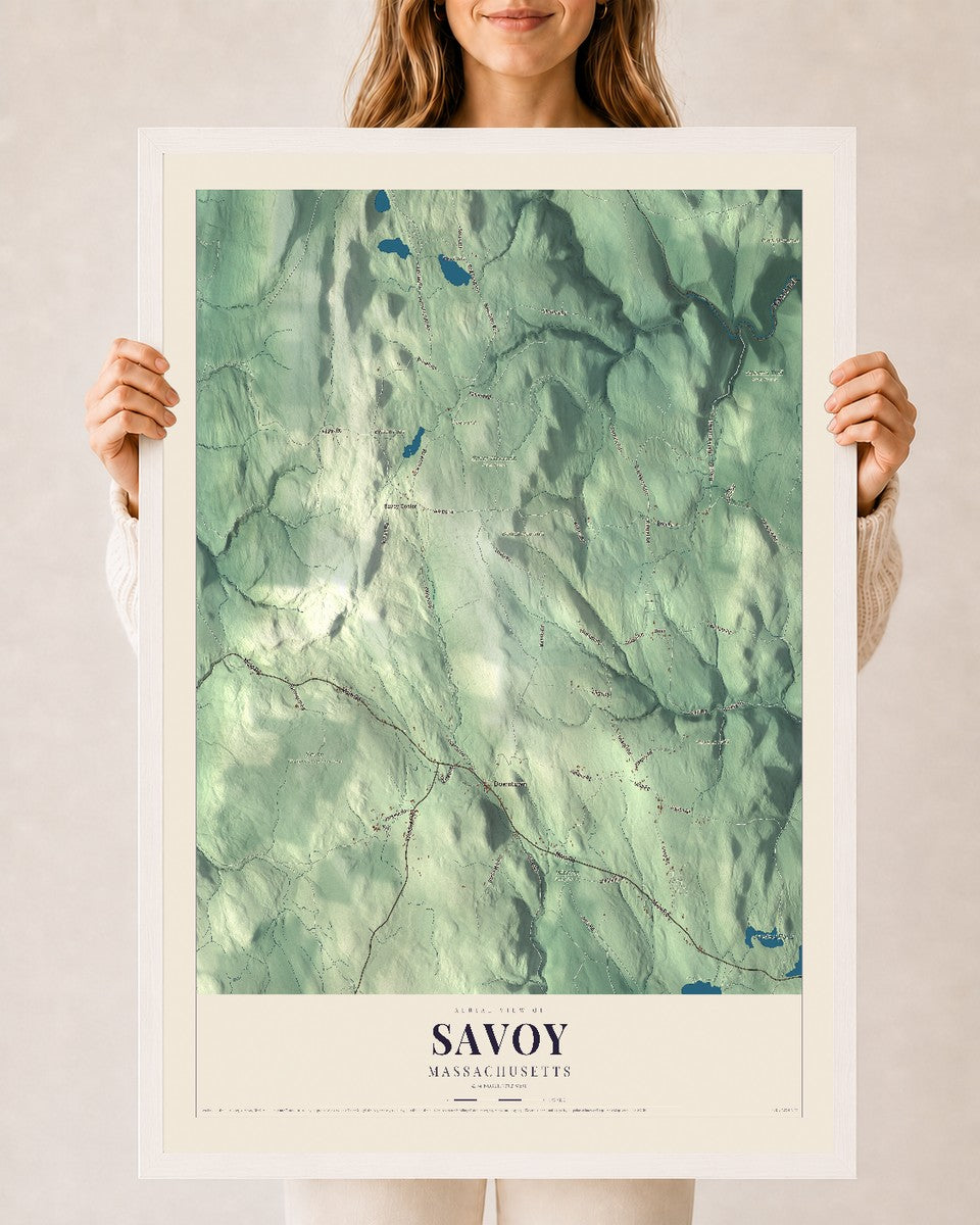 Savoy, Massachusetts map print - 24 x 36 white Ayous wood frame