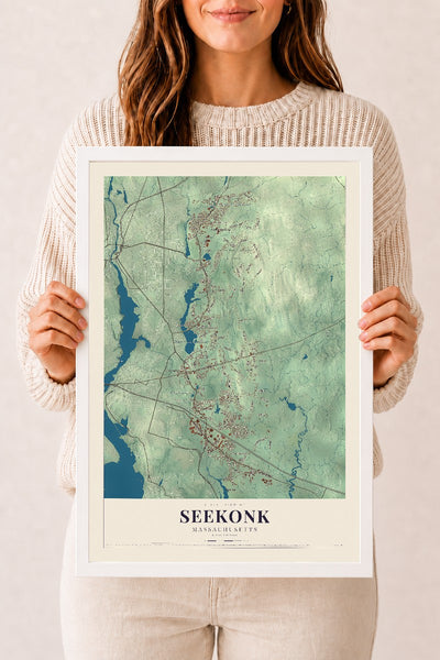 Seekonk, Massachusetts map print - 12 x 18 white Ayous wood frame