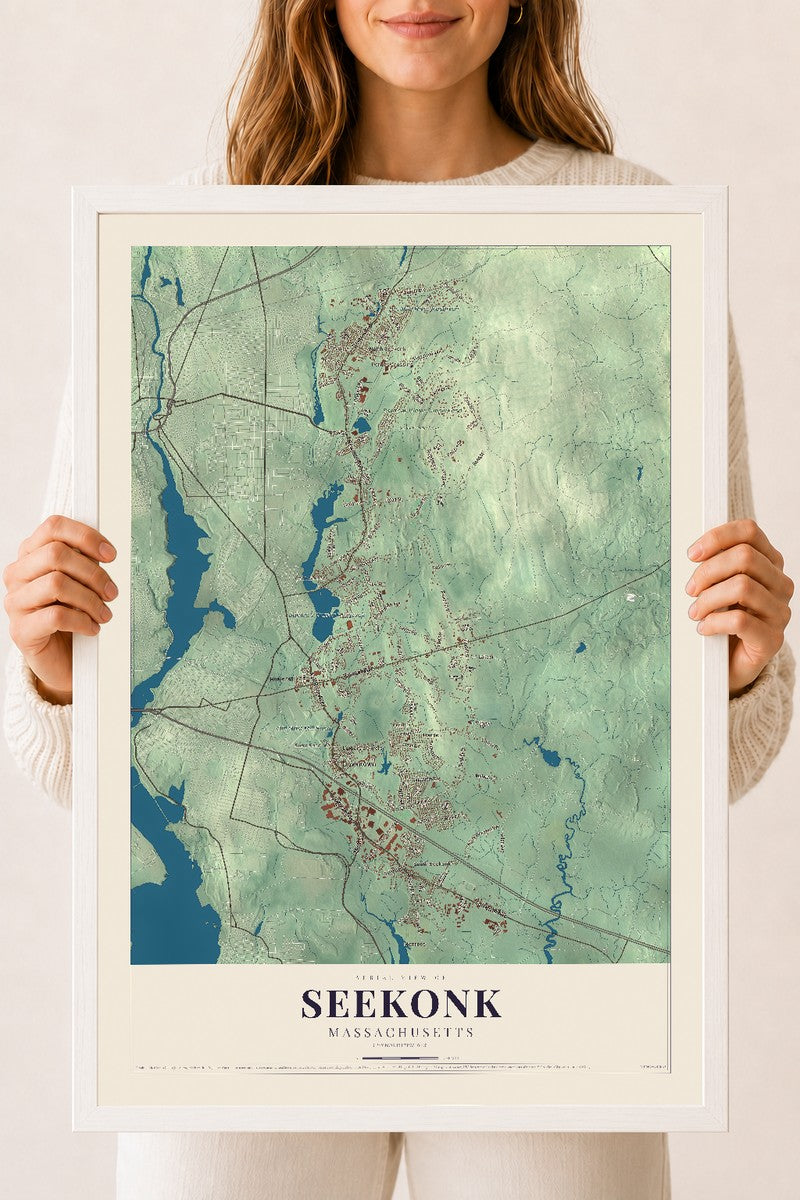 Seekonk, Massachusetts map print - 18 x 24 white Ayous wood frame