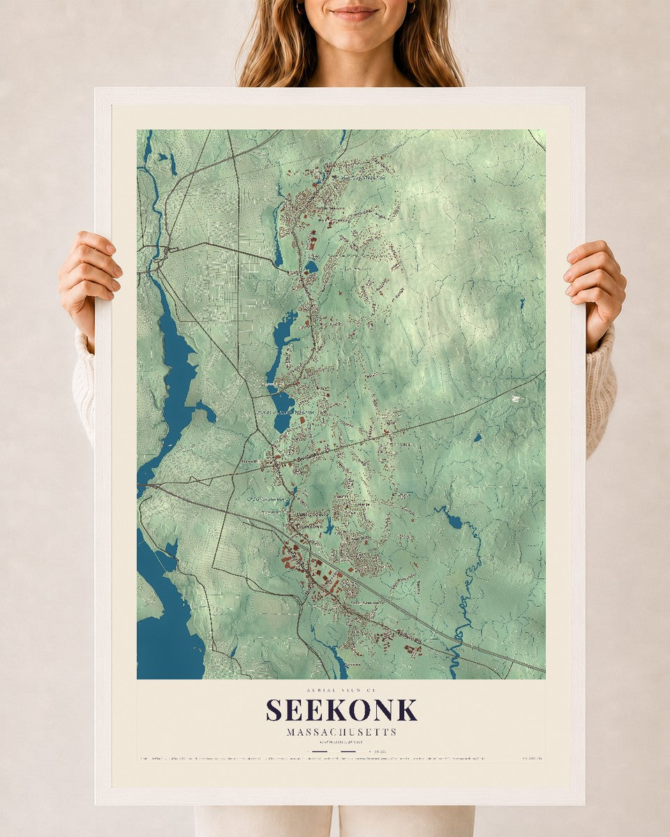 Seekonk, Massachusetts map print - 24 x 36 white Ayous wood frame