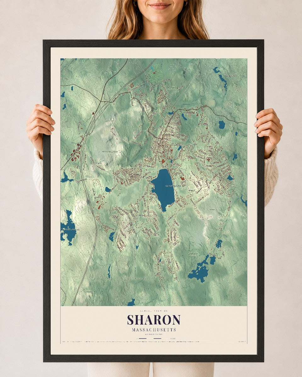 Sharon, Massachusetts map print - 24 x 36 black Ayous wood frame