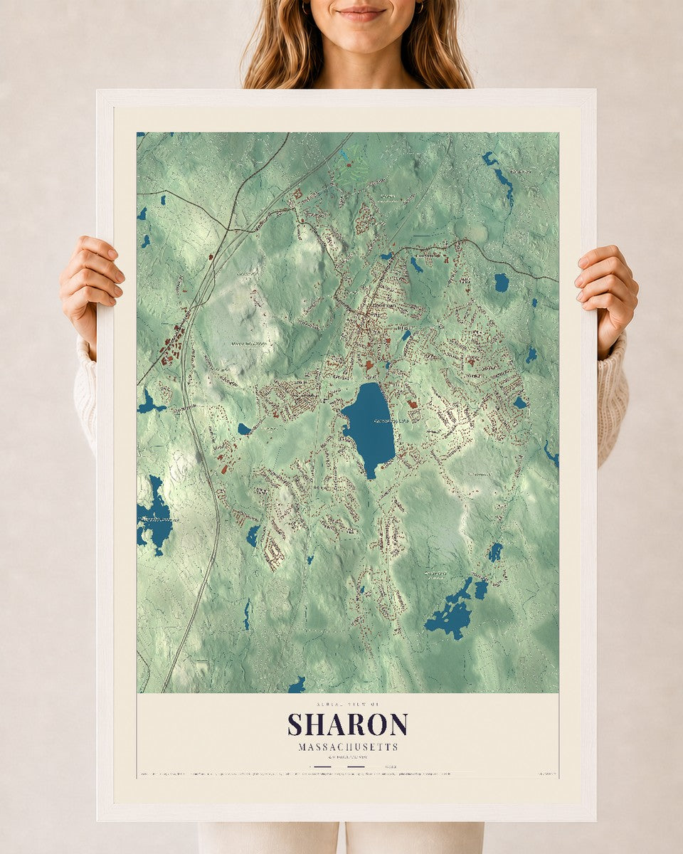 Sharon, Massachusetts map print - 24 x 36 white Ayous wood frame