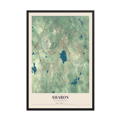 Map of Sharon, Massachusetts, 12 x 18 inch print in a black wood frame